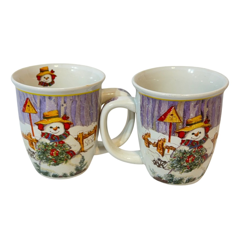 Set of 2 Susan Winget - Winter Forest Snowman Coffee Mugs Purple White